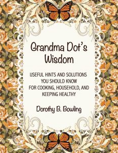 Book cover for Grandma Dot's Wisdome with floral border, lace, butterflies and the title of the book.