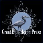 Great Blue Heron logo, with a fancy swirling sun with a cameo of a heron in the center, all on a black background.
