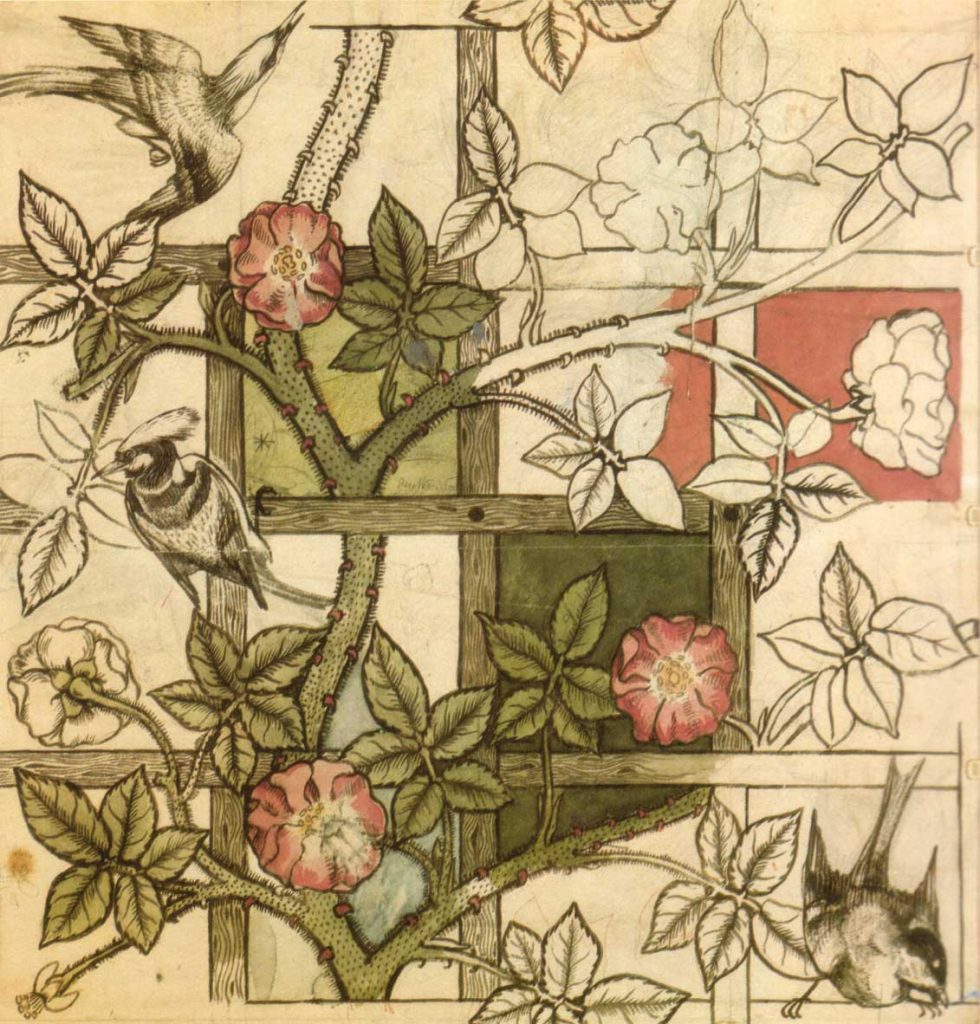William Morris design for “Trellis” Wallpaper, 1862 - unfinished watercolor of birds, flowers and trellis in olive greens, brown and nuted tomoto red on cream paper.